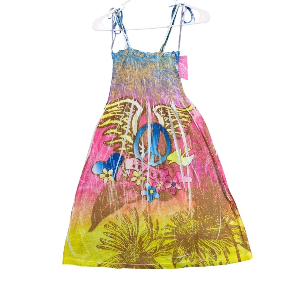 NWT InGear Pink Wing Peace Graphic Mini Dress Sz M Smocked Tie Straps Y2K‎ Beach